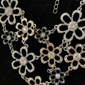 Crystal Encrusted Rhinestone Flowers bib Necklace in silver gold and gun metal